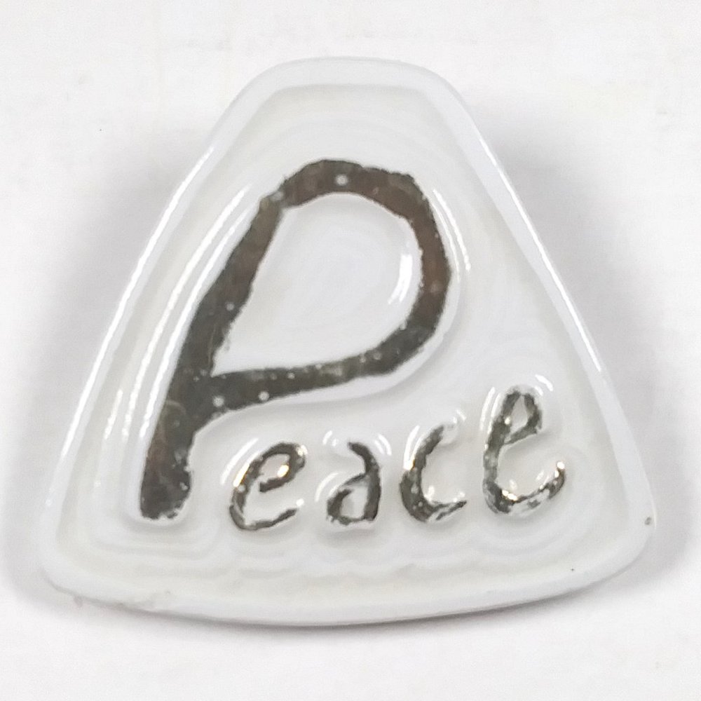 "Peace" Brooch or Lapel Pin Vintage White Ceramic Triangular-Shaped Gold Letters